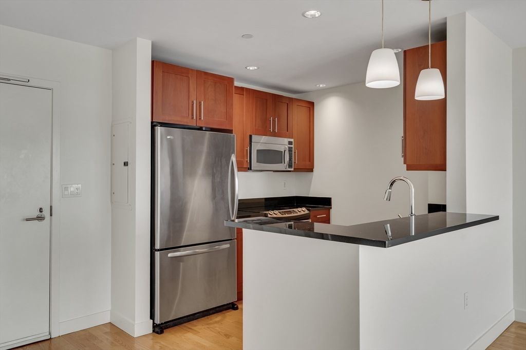 Interior, Kitchen, Pendant Lights, Recessed Lighting, Stainless Steel Appliances, Wood Texture Flooring