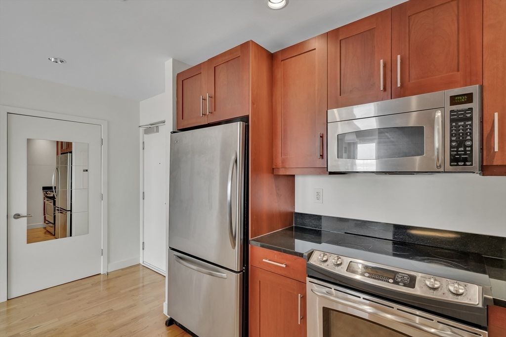 Interior, Kitchen, Recessed Lighting, Stainless Steel Appliances, Wood Texture Flooring