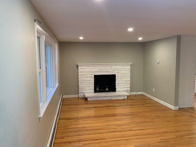 Empty room, Fireplace, Interior, Recessed Lighting, Wood Texture Flooring