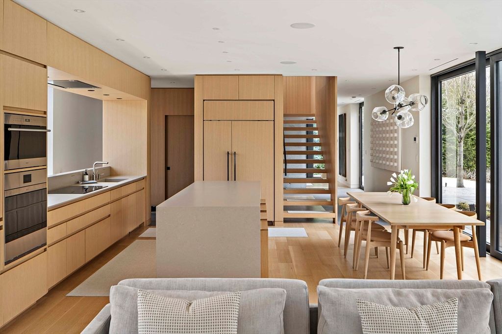 Dining room, Interior, Kitchen, Pendant Lights, Recessed Lighting, Wood Texture Flooring