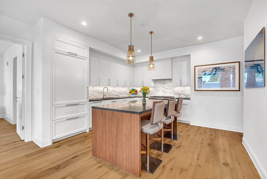 Interior, Kitchen, Marble Walls, Pendant Lights, Recessed Lighting, Wood Texture Flooring