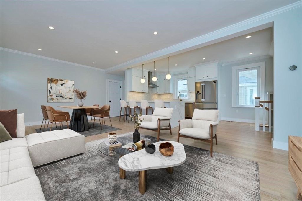 Dining room, Interior, Kitchen, Living room, Pendant Lights, Recessed Lighting, Stainless Steel Appliances, Wood Texture Flooring