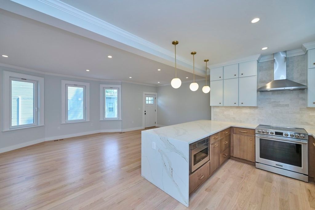 Interior, Kitchen, Pendant Lights, Recessed Lighting, Stainless Steel Appliances, Wood Texture Flooring