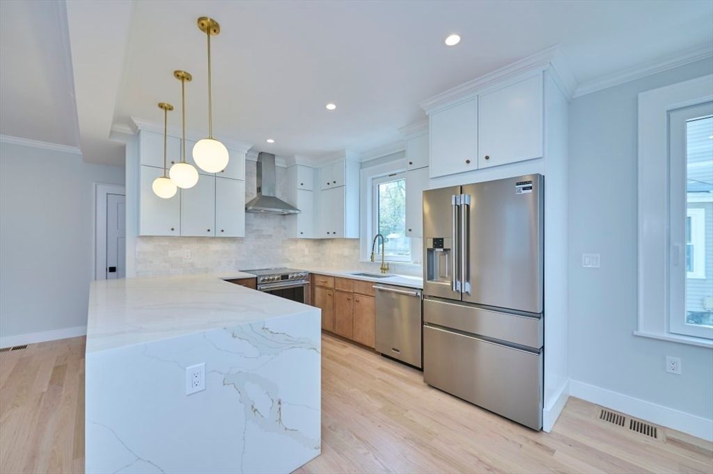 Interior, Kitchen, Pendant Lights, Recessed Lighting, Stainless Steel Appliances, Wood Texture Flooring