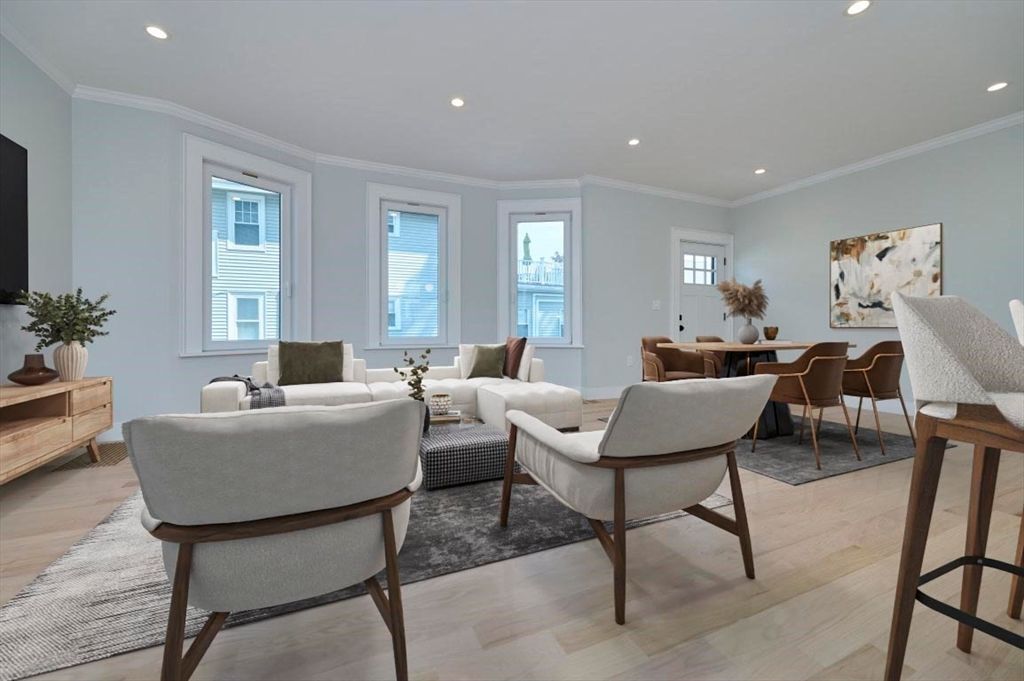 Dining room, Interior, Living room, Recessed Lighting, Wood Texture Flooring