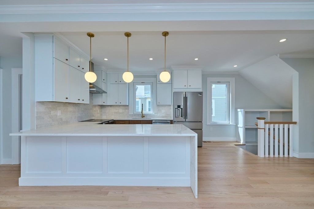 Interior, Kitchen, Pendant Lights, Recessed Lighting, Stainless Steel Appliances, Wood Texture Flooring