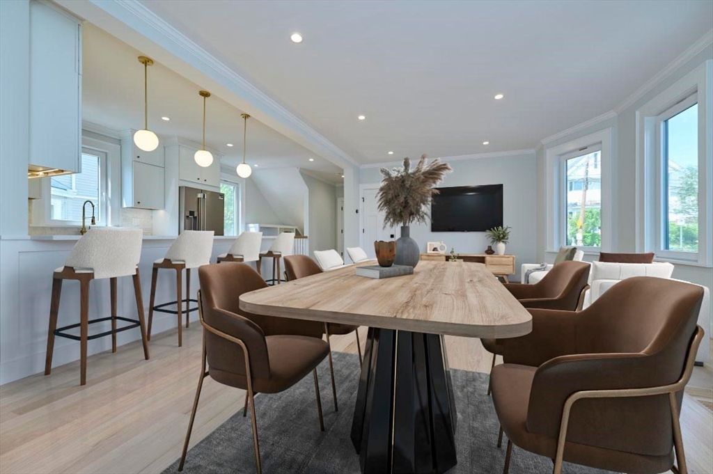 Dining room, Interior, Kitchen, Pendant Lights, Recessed Lighting, Wood Texture Flooring