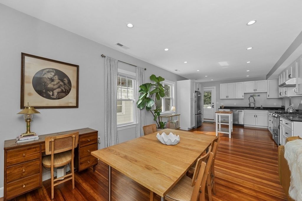 Dining room, Interior, Kitchen, Recessed Lighting, Stainless Steel Appliances, Wood Texture Flooring