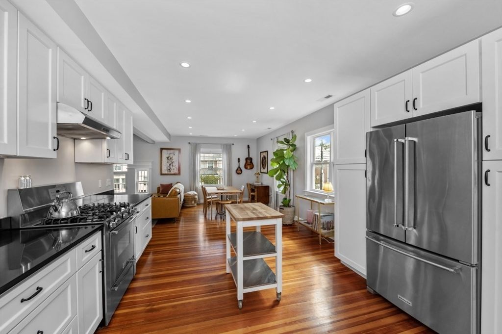 Interior, Kitchen, Living room, Recessed Lighting, Stainless Steel Appliances, Wood Texture Flooring