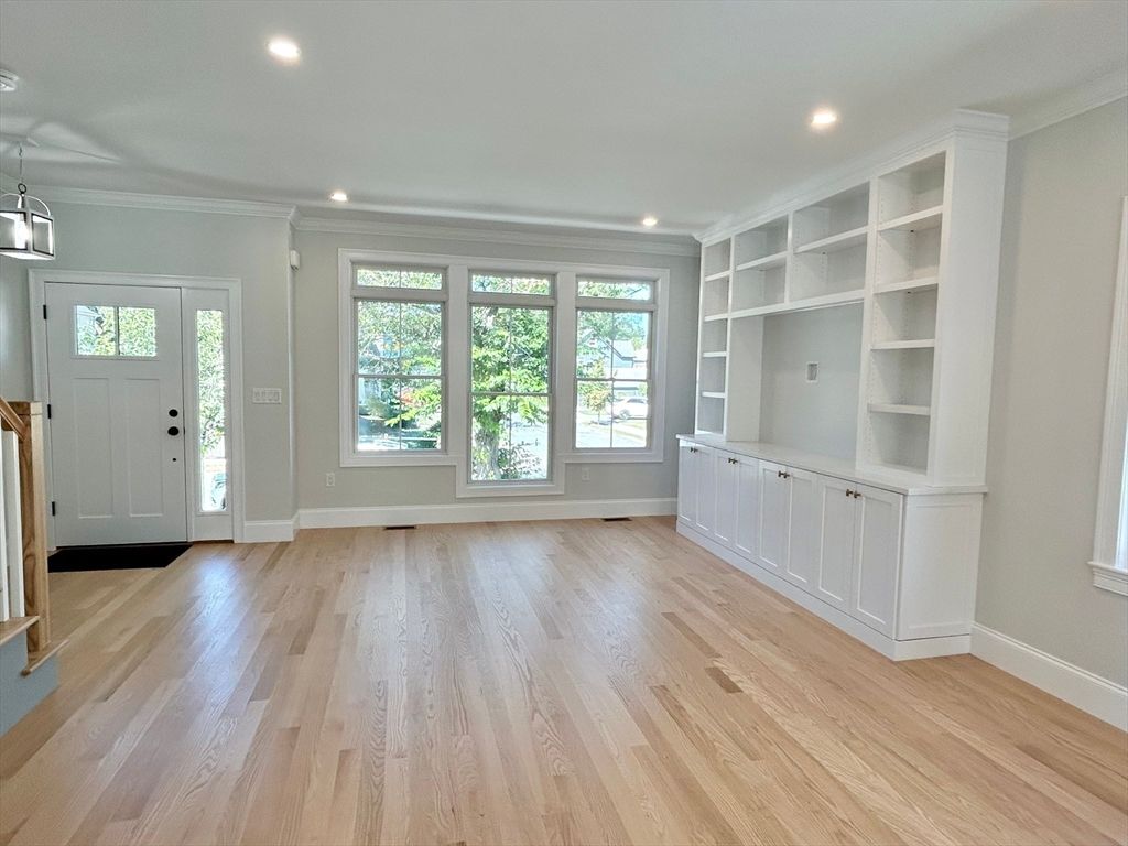 Empty room, Interior, Pendant Lights, Recessed Lighting, Wood Texture Flooring