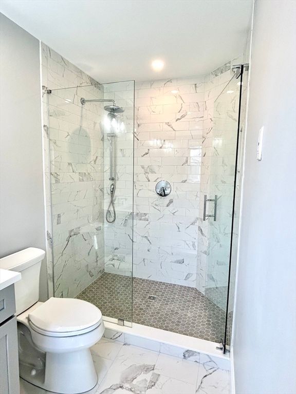 Bathroom, Glass Shower, Interior, Marble, Marble Walls, Recessed Lighting