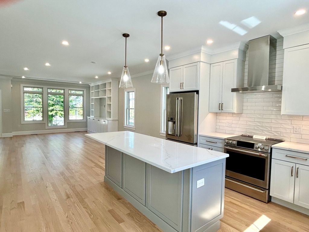 Interior, Kitchen, Pendant Lights, Recessed Lighting, Stainless Steel Appliances, Wood Texture Flooring