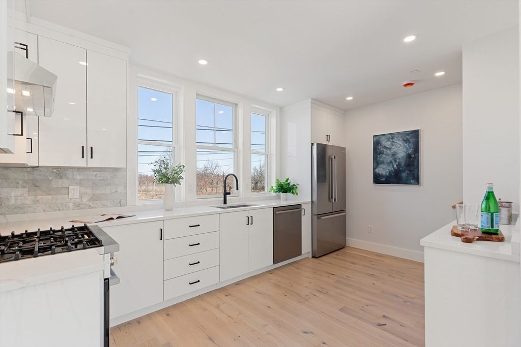 Interior, Kitchen, Recessed Lighting, Stainless Steel Appliances, Wood Texture Flooring