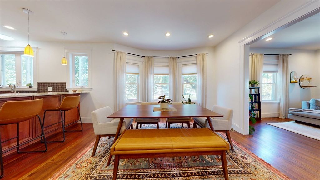 Dining room, Interior, Pendant Lights, Recessed Lighting, Wood Texture Flooring