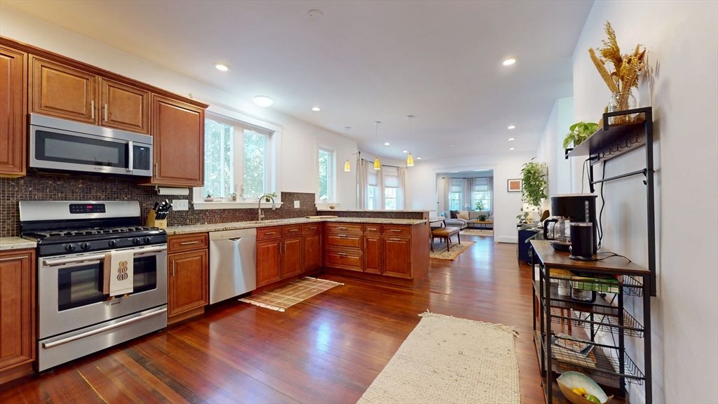 Interior, Kitchen, Pendant Lights, Recessed Lighting, Stainless Steel Appliances, Wood Texture Flooring