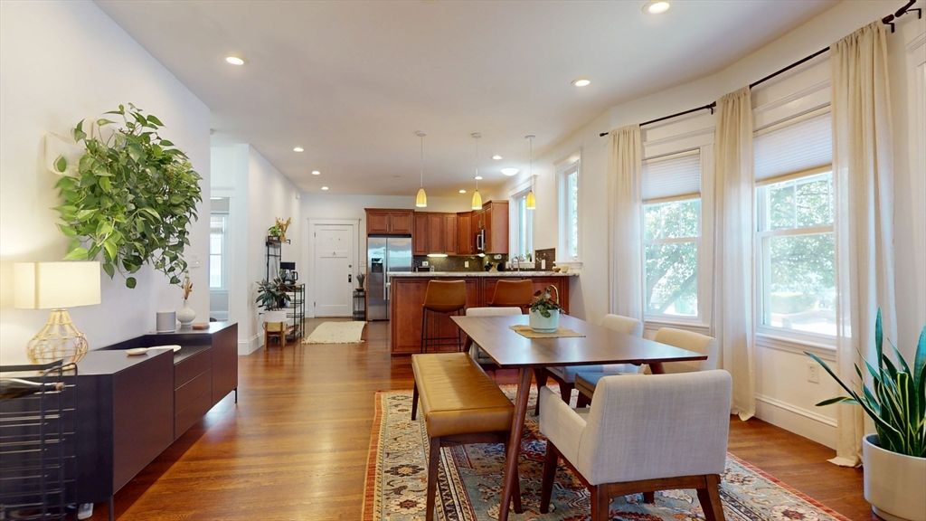 Dining room, Interior, Kitchen, Pendant Lights, Recessed Lighting, Stainless Steel Appliances, Wood Texture Flooring
