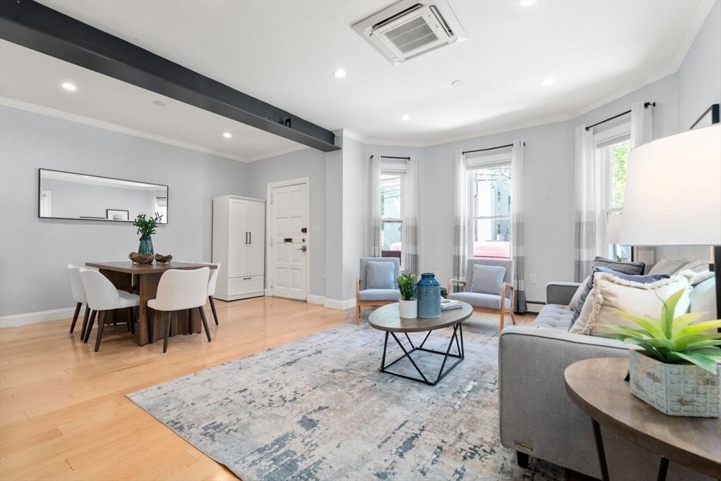 Dining room, Interior, Living room, Recessed Lighting, Wooden Beams, Wood Texture Flooring