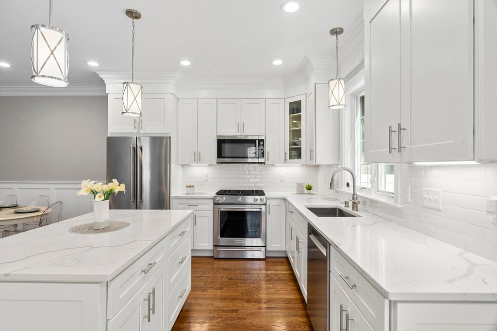 Interior, Kitchen, Pendant Lights, Recessed Lighting, Stainless Steel Appliances, Wood Texture Flooring