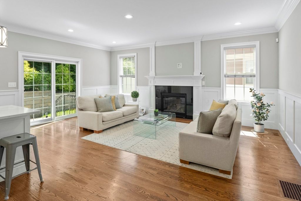 Fireplace, Interior, Living room, Recessed Lighting, Wood Texture Flooring