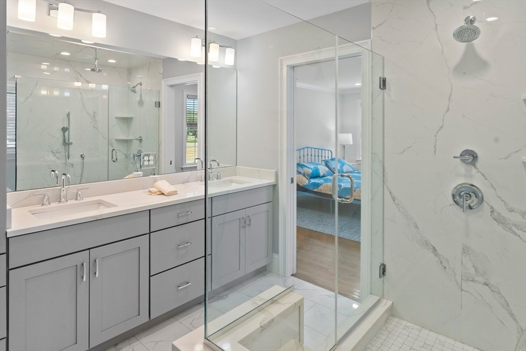 Bathroom, Dual Sink Vanities, Glass Shower, Interior, Marble, Marble Walls