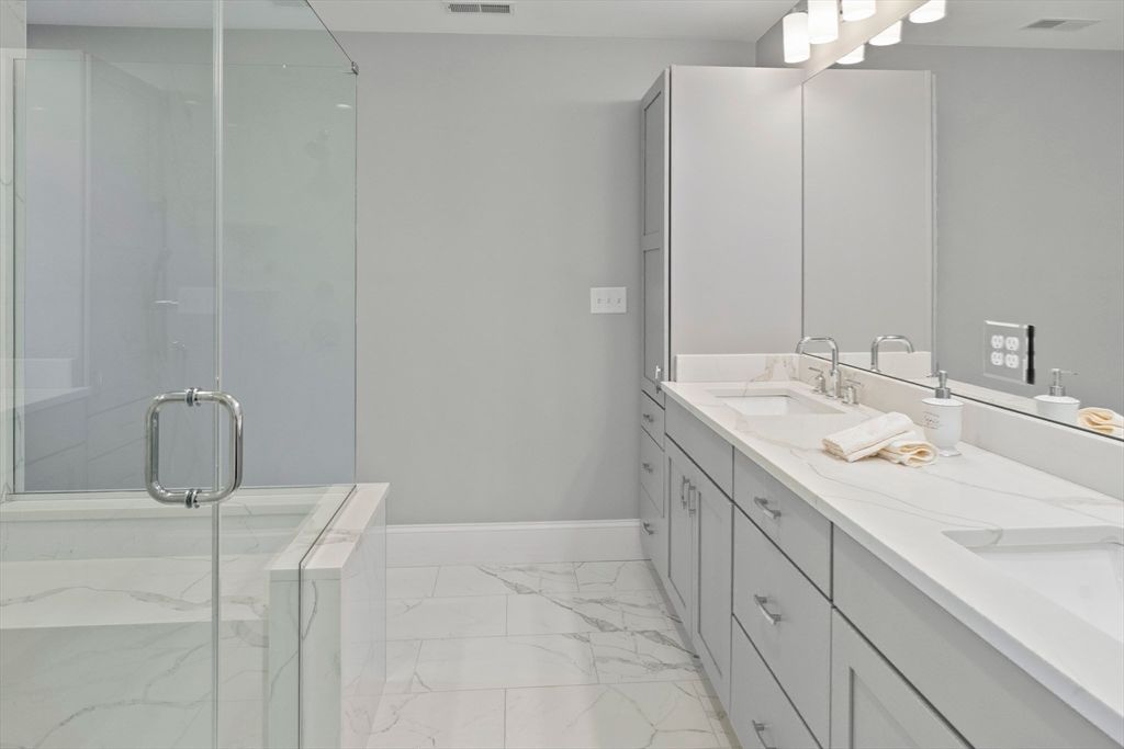 Bathroom, Dual Sink Vanities, Glass Shower, Interior, Marble