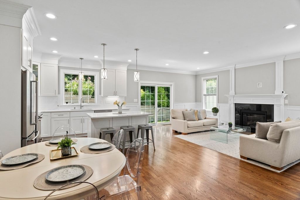 Dining room, Fireplace, Interior, Kitchen, Living room, Pendant Lights, Recessed Lighting, Wood Texture Flooring