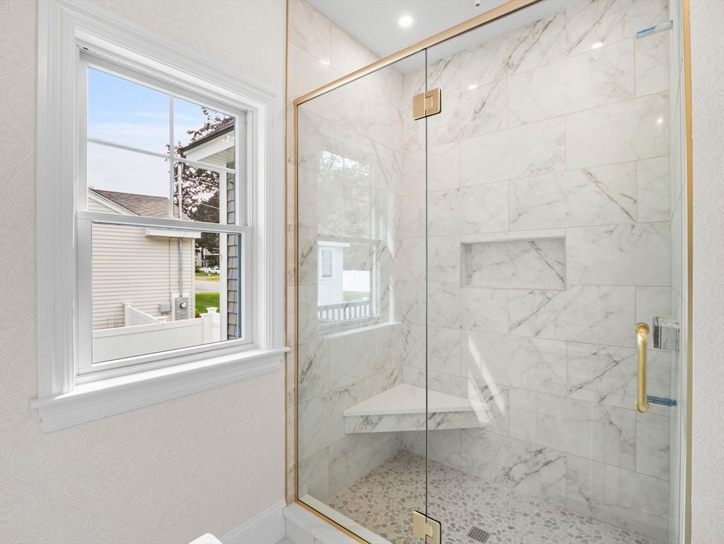 Bathroom, Glass Shower, Interior, Marble Walls, Recessed Lighting