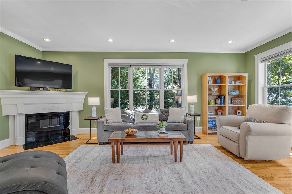 Fireplace, Interior, Living room, Recessed Lighting, Wood Texture Flooring