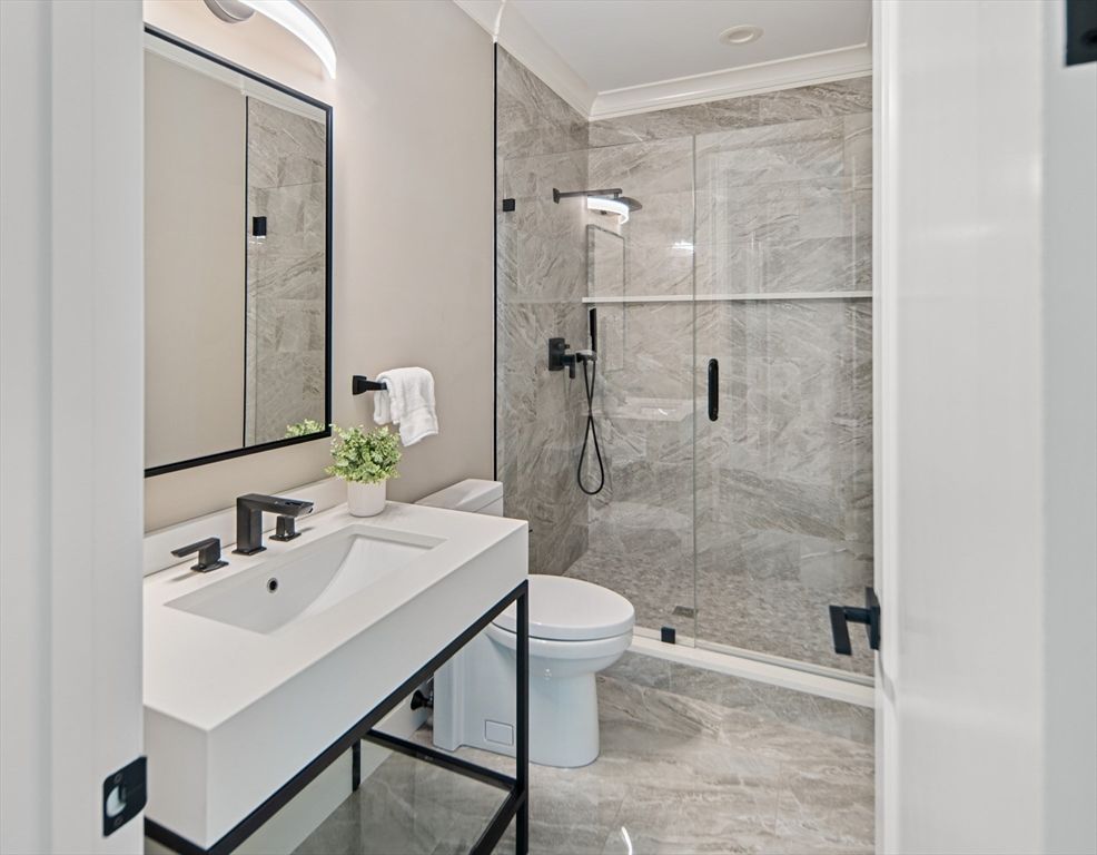 Bathroom, Glass Shower, Interior, Marble Walls, Recessed Lighting