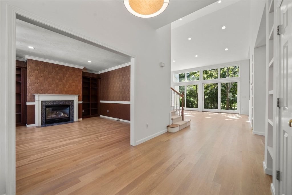 Empty room, Fireplace, Interior, Recessed Lighting, Wood Texture Flooring