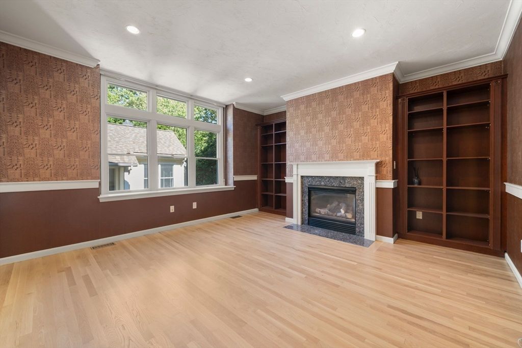 Empty room, Fireplace, Interior, Recessed Lighting, Wood Texture Flooring