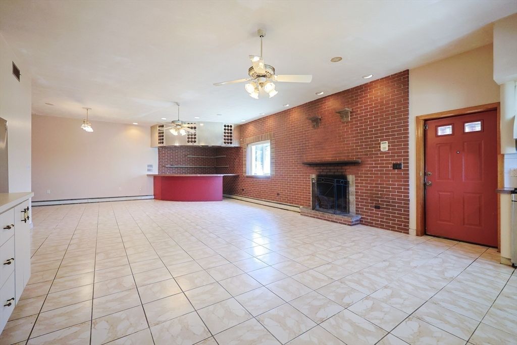 Fireplace, Interior, Recessed Lighting, Stone Walls