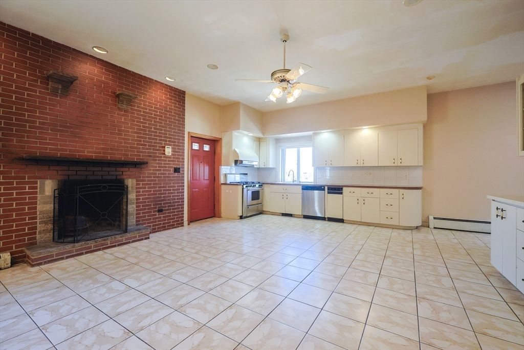 Fireplace, Interior, Kitchen, Recessed Lighting, Stone Walls