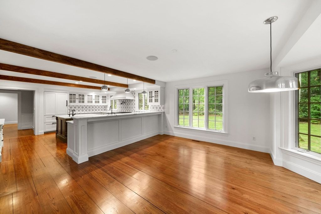 Empty room, Interior, Kitchen, Pendant Lights, Wooden Beams, Wood Texture Flooring