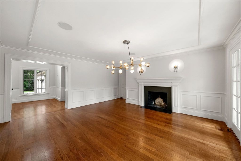 Empty room, Fireplace, Interior, Pendant Lights, Wood Texture Flooring