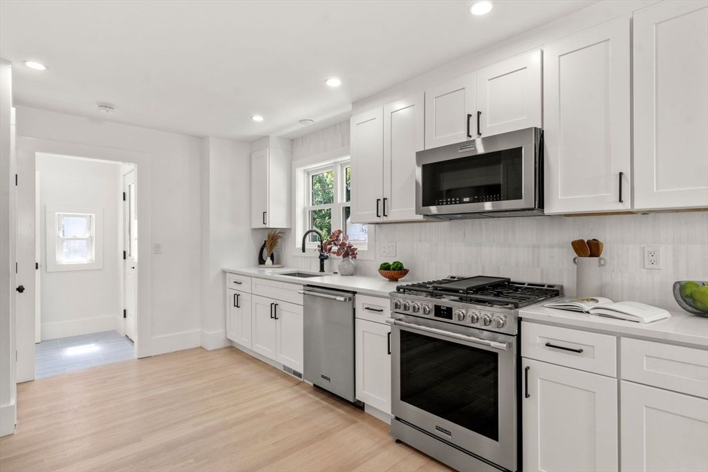 Interior, Kitchen, Recessed Lighting, Stainless Steel Appliances, Wood Texture Flooring
