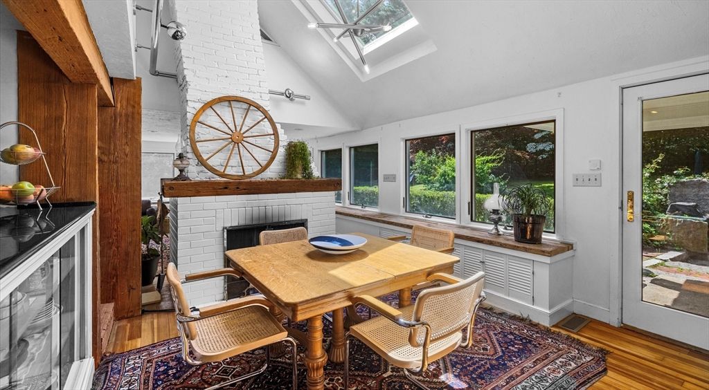 Dining room, Fireplace, Interior, Stone Walls, Wood Texture Flooring