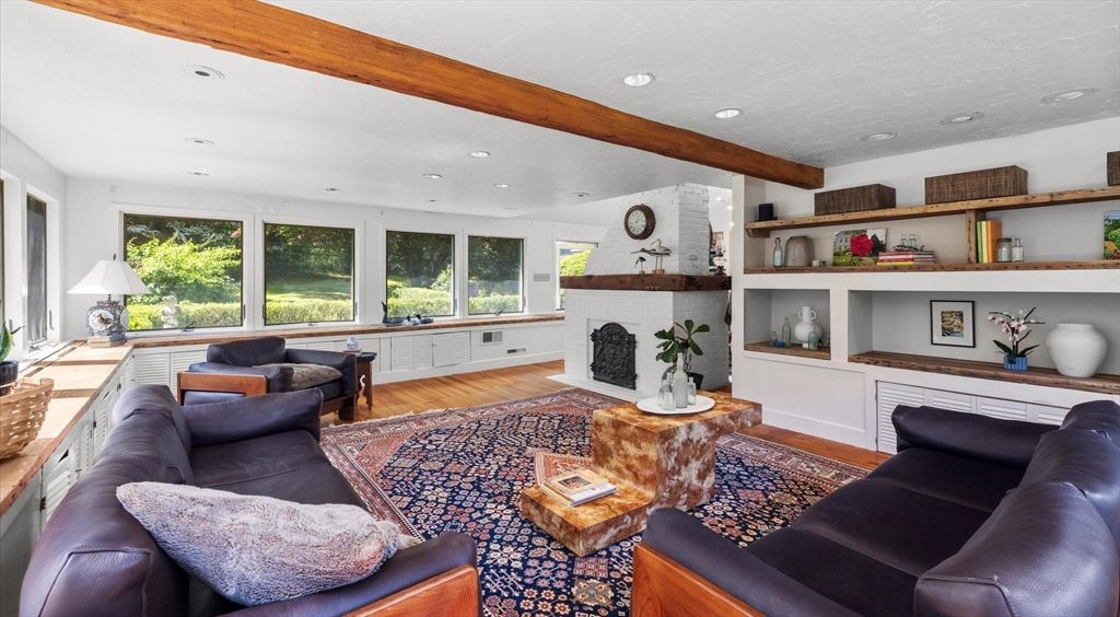 Fireplace, Interior, Living room, Recessed Lighting, Wooden Beams, Wood Texture Flooring
