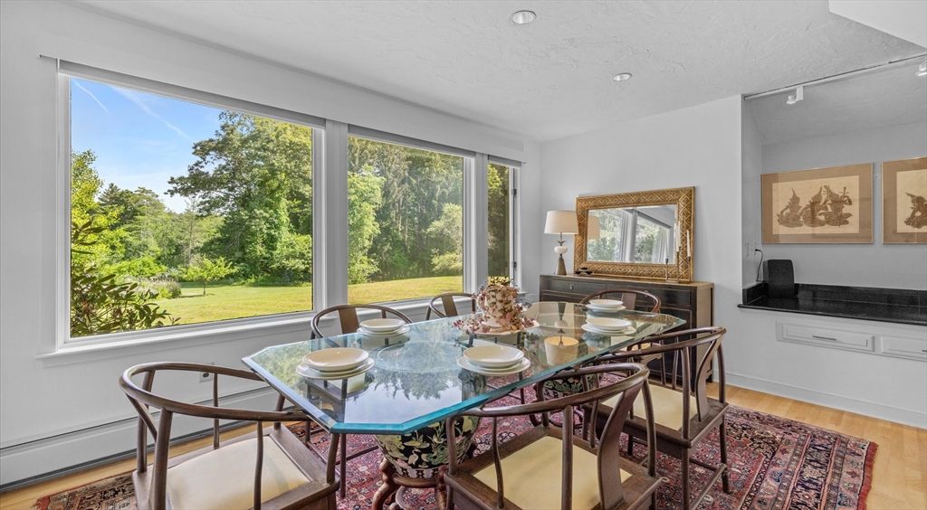 Dining room, Interior, Recessed Lighting, Wood Texture Flooring