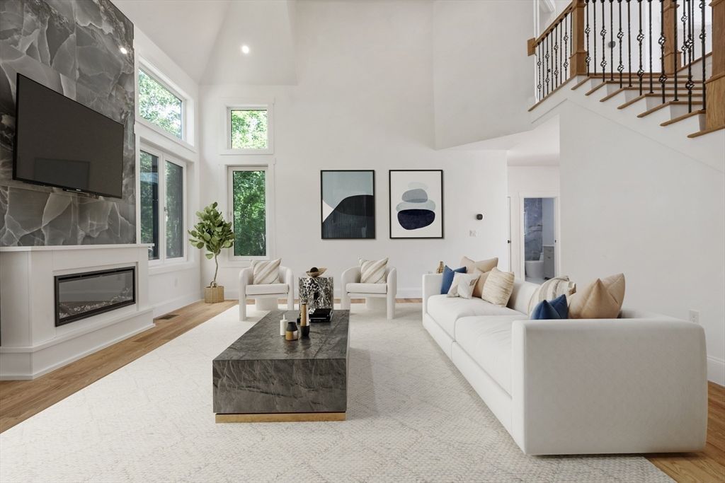 Fireplace, Interior, Living room, Recessed Lighting, Wood Texture Flooring