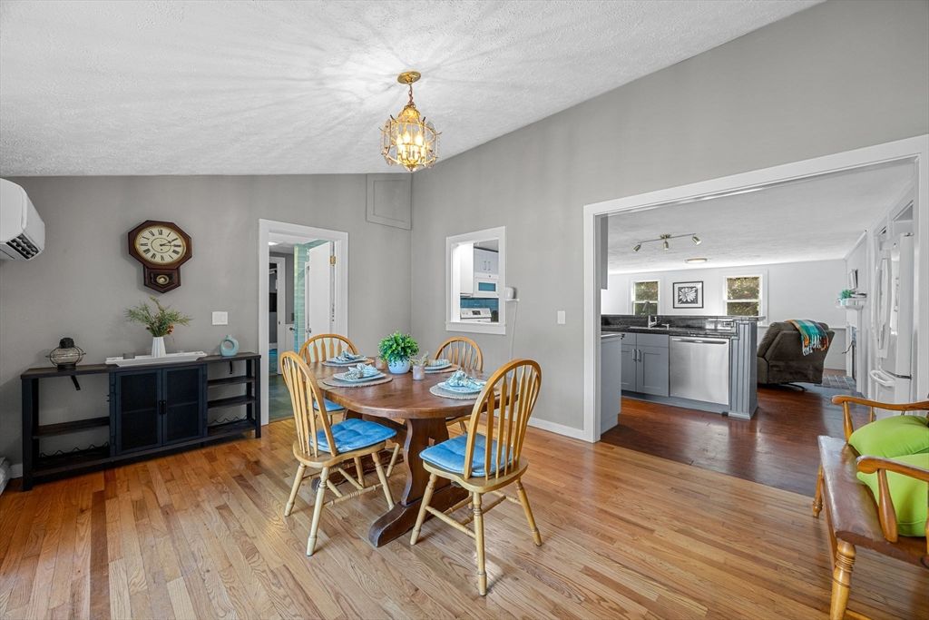 Dining room, Interior, Pendant Lights, Wood Texture Flooring