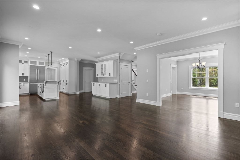 Empty room, Interior, Kitchen, Pendant Lights, Recessed Lighting, Wood Texture Flooring