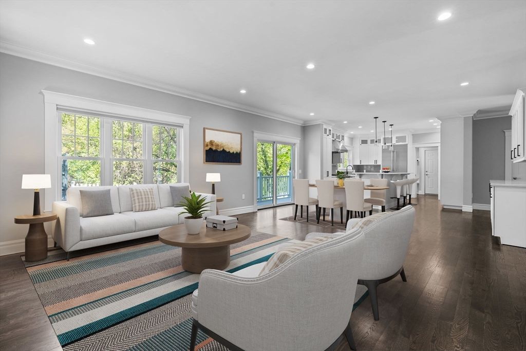 Dining room, Interior, Kitchen, Living room, Pendant Lights, Recessed Lighting, Stainless Steel Appliances, Wood Texture Flooring