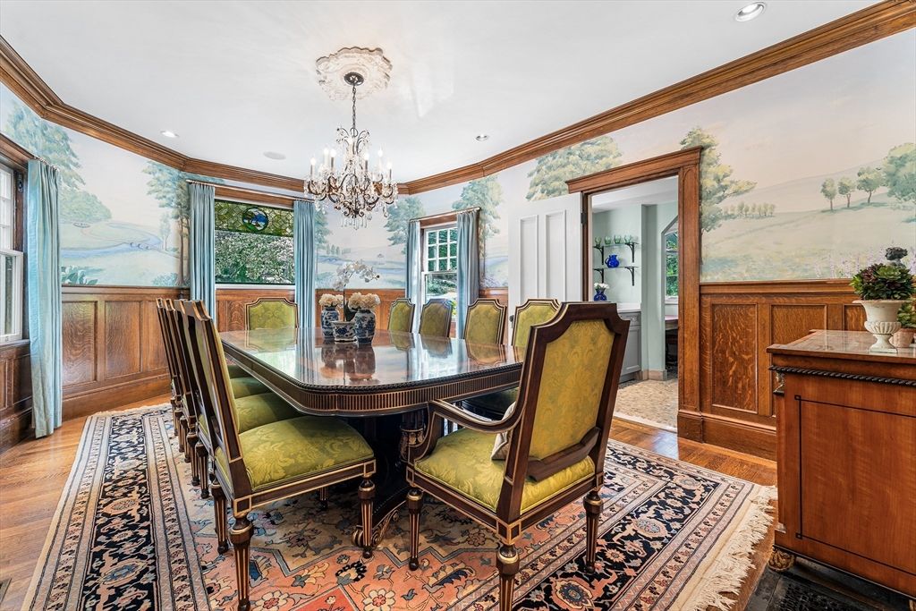Chandelier, Dining room, Interior, Recessed Lighting, Wood Texture Flooring