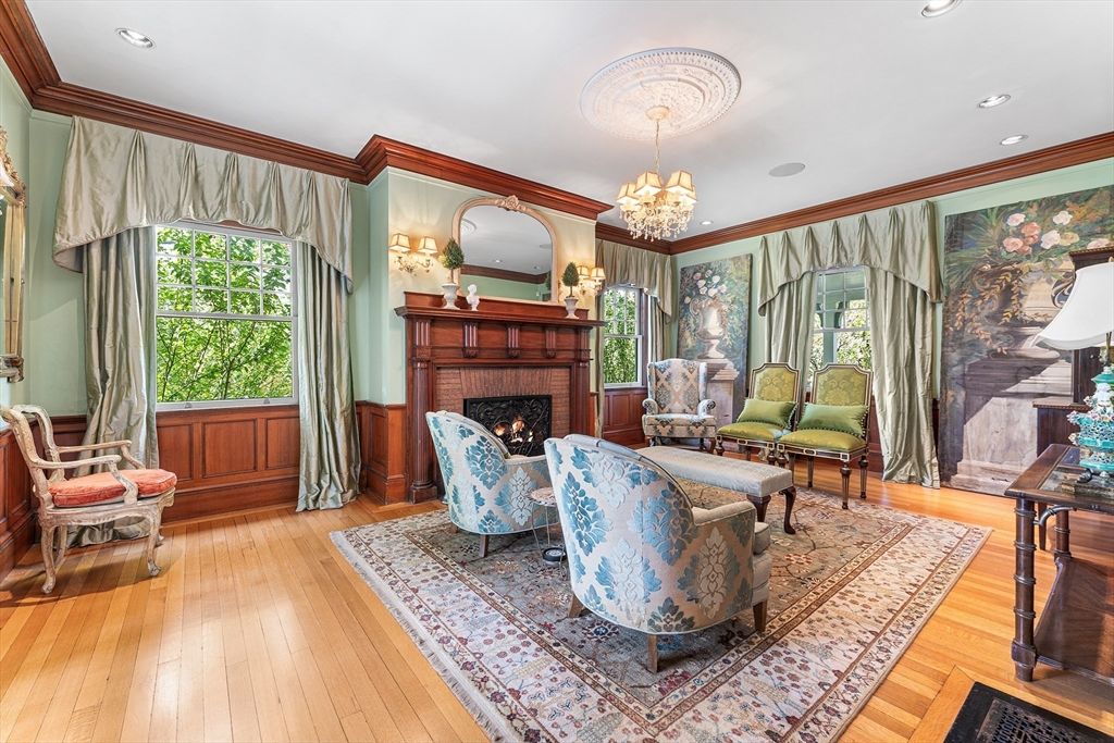 Chandelier, Fireplace, Interior, Living room, Recessed Lighting, Wood Texture Flooring