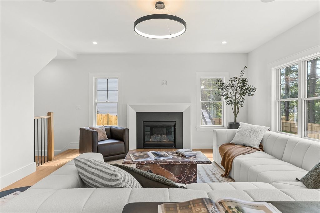 Fireplace, Interior, Living room, Recessed Lighting, Wood Texture Flooring