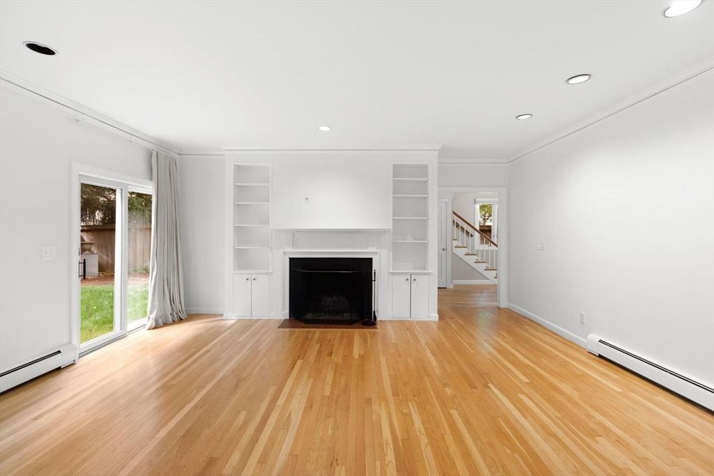 Empty room, Fireplace, Interior, Recessed Lighting, Wood Texture Flooring