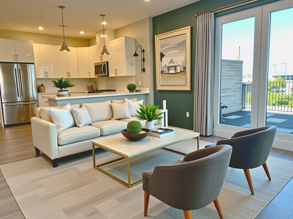 Interior, Kitchen, Living room, Pendant Lights, Recessed Lighting, Stainless Steel Appliances, Wood Texture Flooring