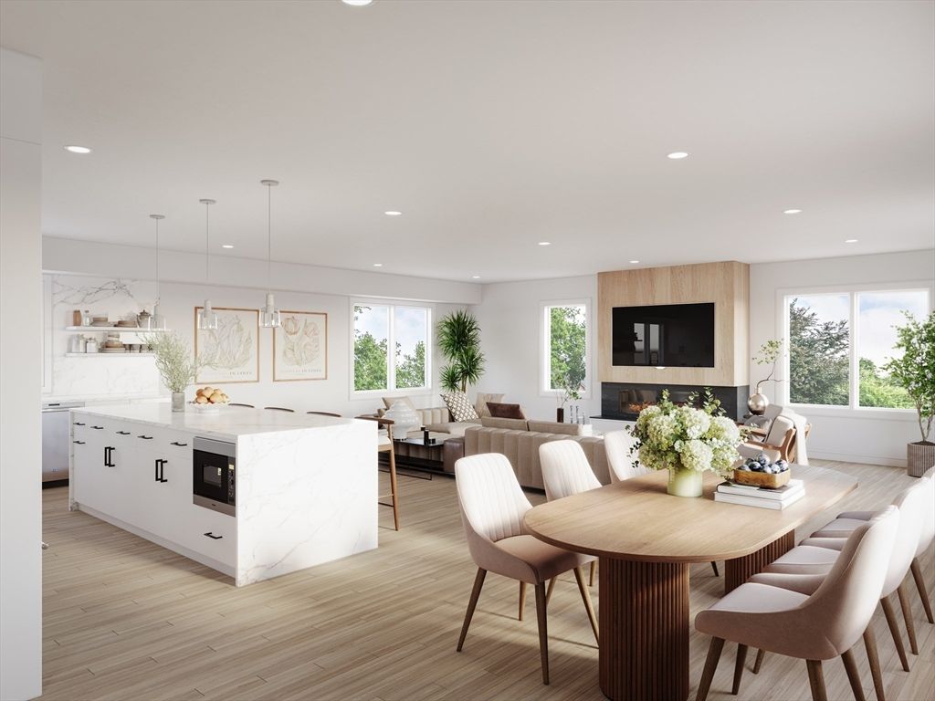 Dining room, Fireplace, Interior, Kitchen, Living room, Marble Walls, Pendant Lights, Recessed Lighting, Wood Texture Flooring