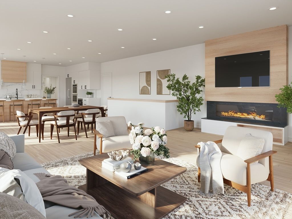 Dining room, Fireplace, Interior, Kitchen, Living room, Recessed Lighting, Wood Texture Flooring